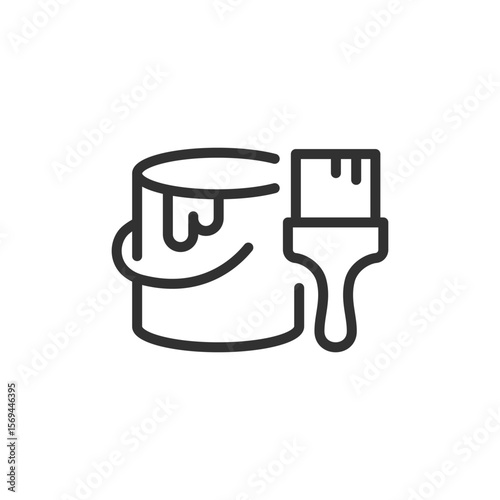 Paint can with brush, linear icon. Painting tools for construction and renovation. Line with editable stroke.