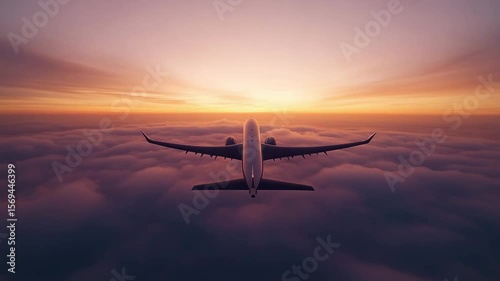 Sunset Flight: Airplane Above Cloudscape, Serene Aerial View