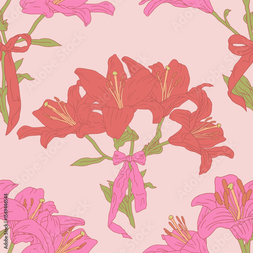 Vintage seamless pattern with hand drawn lily flowers and fancy bow knots on pastel pink background. Boho floral repeat wallpaper. Vector illustration