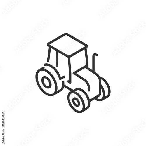 Isometric tractor turning left, linear icon. Farm vehicle or cultivation machinery. Line with editable stroke.