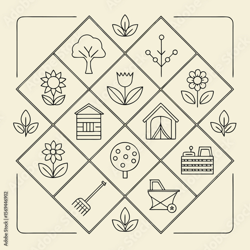 Garden tools icon pack with wheelbarrow, spade, sprout, and watering elements.
