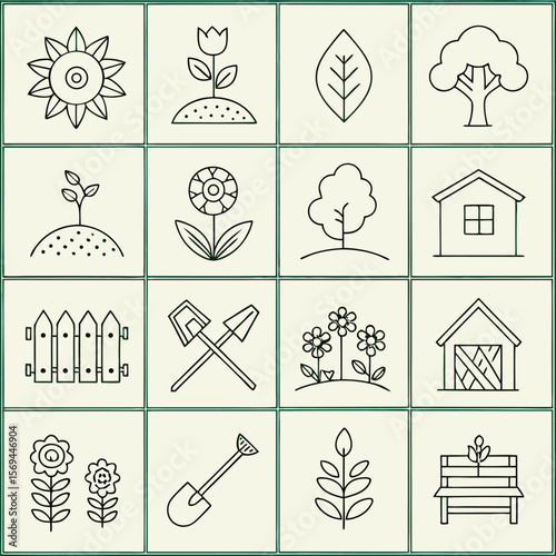 Garden tools icon pack with wheelbarrow, spade, sprout, and watering elements.
