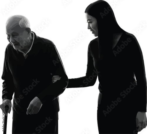 An asian woman helps an elderly man with a cane isolated on white background