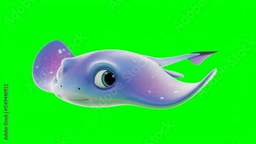 Animated 3D Stingray Cartoon Character Swimming in a Playful Ocean with Light Green Screen Background