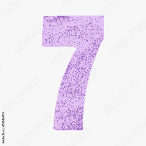 Bright purple number 7 in pastel crumpled paper with torn edges. Cartoonish hand cut shape with sticker texture, cheerful and colorful appearance.