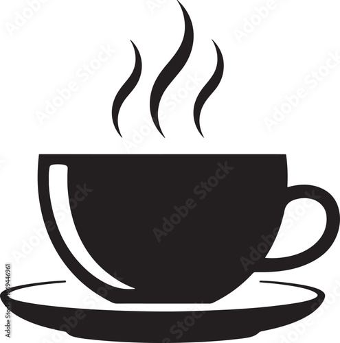 Black silhouette of a steaming coffee cup and saucer isolated on white background