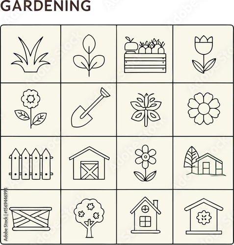 Garden tools icon pack with wheelbarrow, spade, sprout, and watering elements.