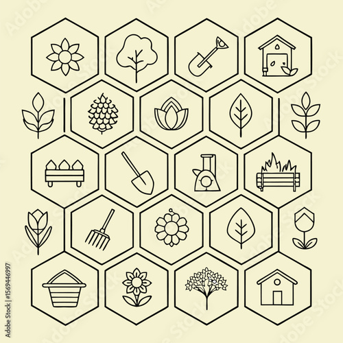 Garden tools icon pack with wheelbarrow, spade, sprout, and watering elements.