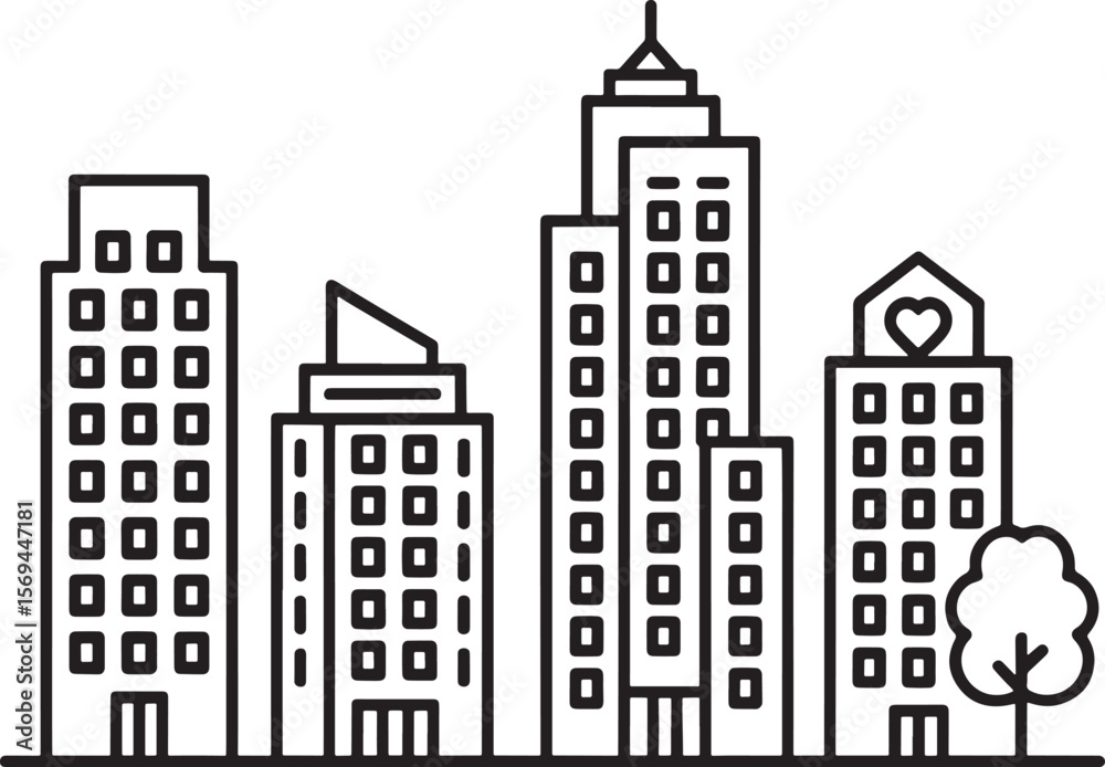 Fototapeta premium Stylized cityscape silhouette with diverse buildings and a tree isolated on white background silhouette