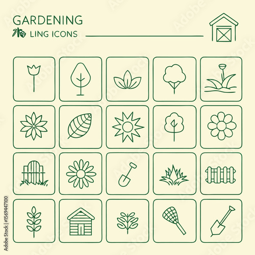 Garden tools icon pack with wheelbarrow, spade, sprout, and watering elements.