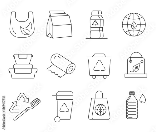 Line icons of recycling waste bins, trash types, and eco-friendly garbage disposal. Perfect for environmental infographics, waste sorting, editable stroke, and sustainability themes.
