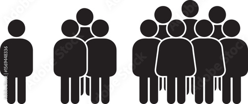 Increasing group size from one person to a crowd silhouette isolated on white background