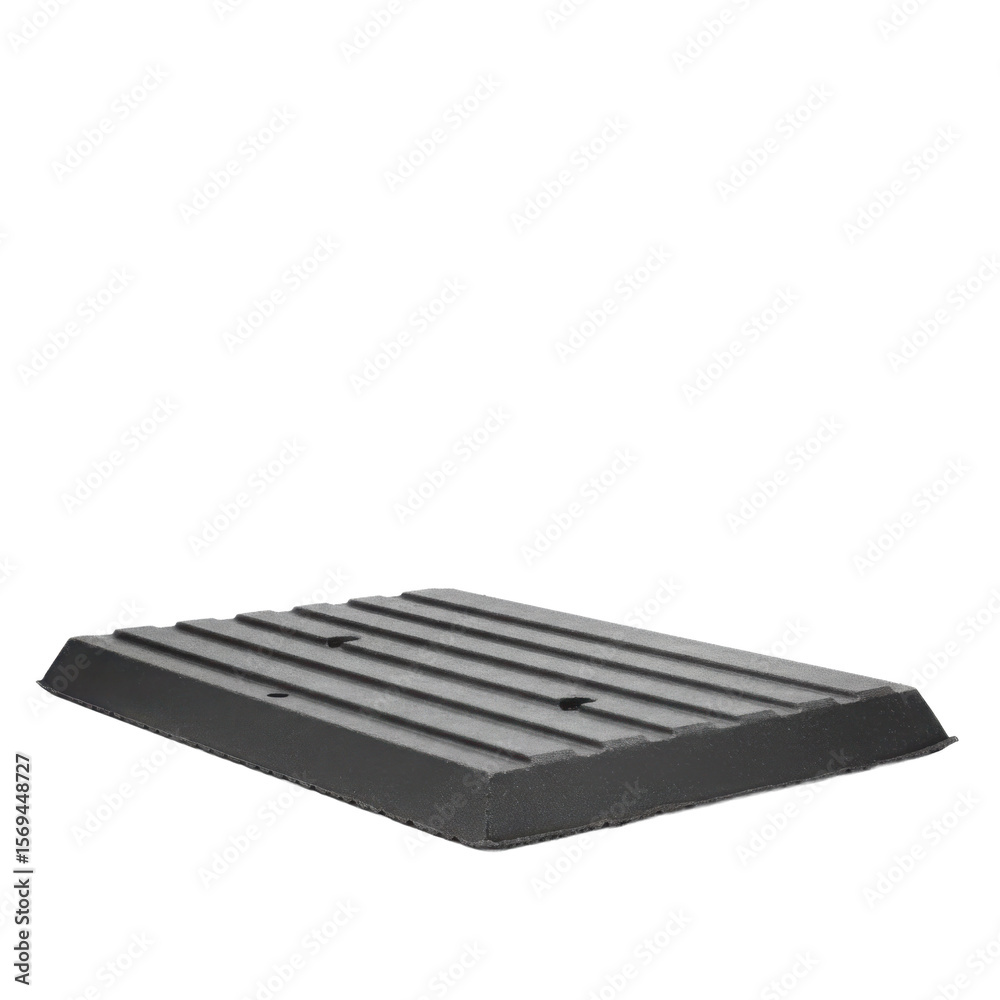 Black curb ramp plate with a ridged surface, designed to provide smooth vehicle or wheelchair access over curbs or elevated edges.
