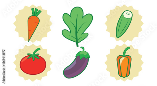 Six Colorful Vegetable Icons Carrot Tomato Eggplant Pepper Leaf Cucumber