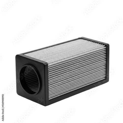 Isolated rectangular air filter cartridge with a pleated surface and black frame, commonly used in HVAC systems or engines for filtration.
 photo