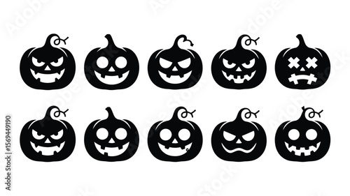 Happy Halloween Vector Elements – Isolated Silhouettes of Pumpkins and Jack-O-Lanterns with Scary Faces for Cards, Stickers, Decorations, and Holiday Festival Artwork

