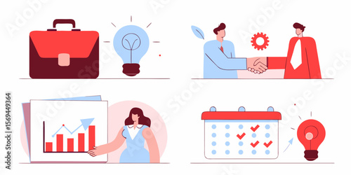  Teamwork and project management concept with calendar, brainstorming, and human character icons.
