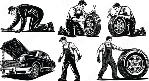 Mechanics are shown repairing cars and tires isolated on white background