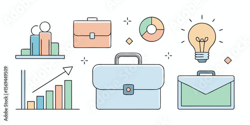 Flat design briefcase with circular graph and minimal office tools.
