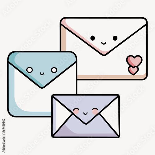 Set of cute smiling envelopes representing communication, email, and friendly messages.