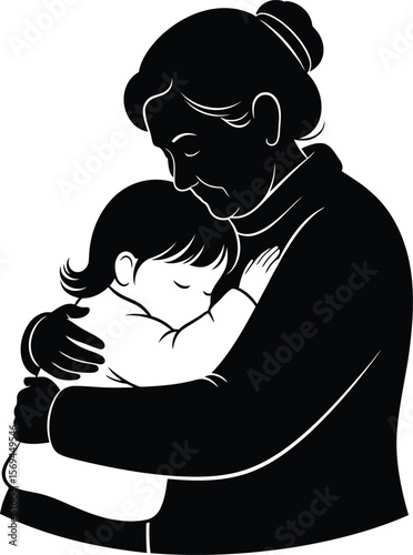 A grandmother is hugging her grandchild isolated on white background