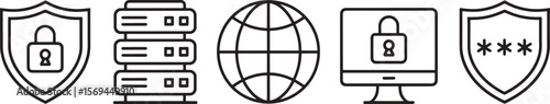 Cybersecurity icons including shields servers globe computer and password silhouette isolated on white background