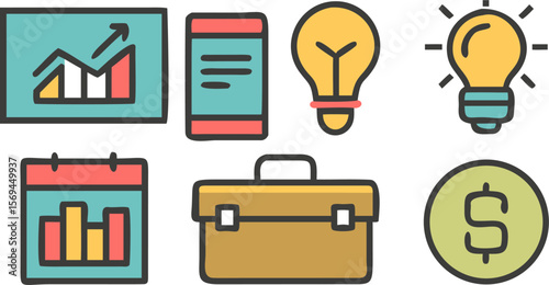 Modern icon set with lightbulb, notebook, and briefcase representing productivity, knowledge, and professional tools.
