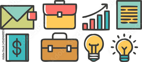Business strategy icons including briefcase, chart, and lightbulb, ideal for presentations or professional planning visuals.