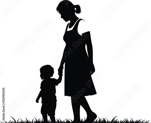 A mother and child walk together in silhouette isolated on white background