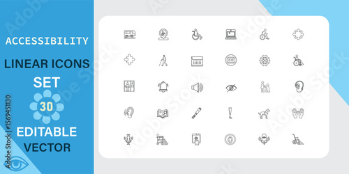 Thirty editable vector linear icons representing accessibility features, including visual, auditory, and motor impairments. Designed for user interface and web design.