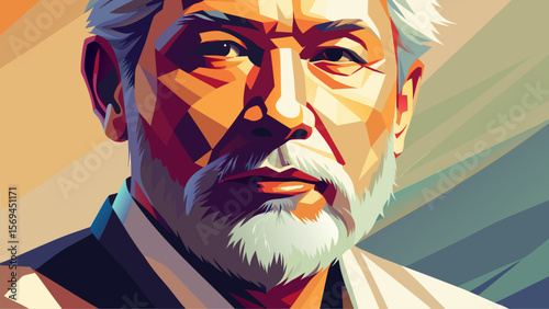 Vector portrait of an elderly Asian man with a serious expression, designed in polygonal geometric art style.