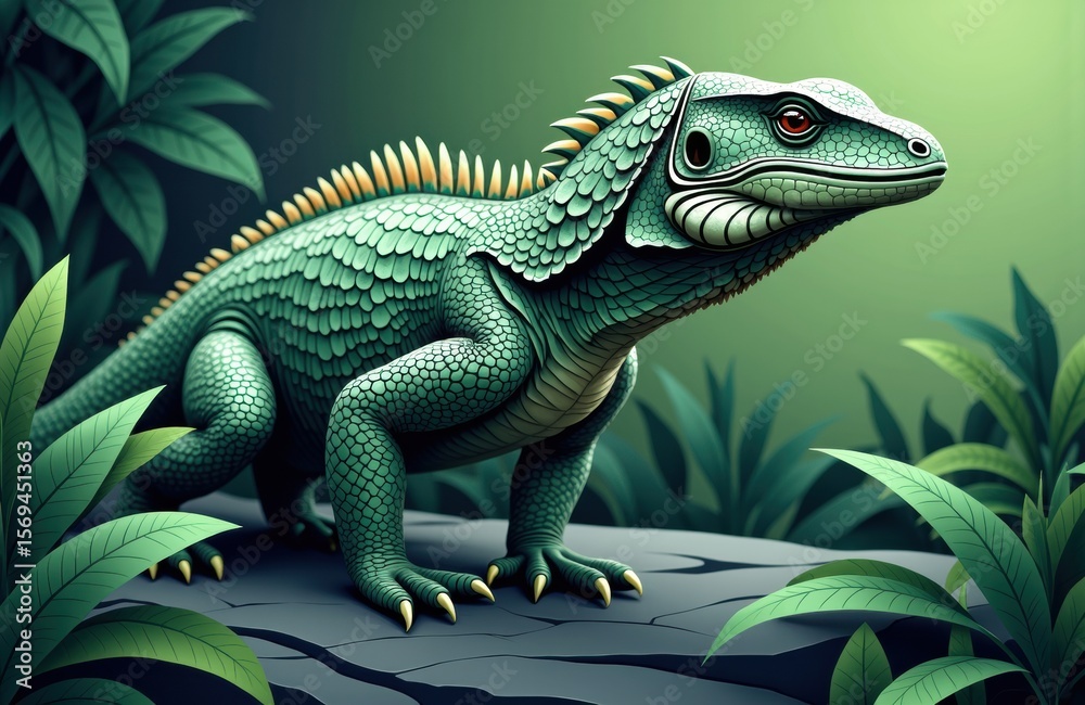 Obraz premium Colorful digital illustration of a green iguana in a lush jungle setting