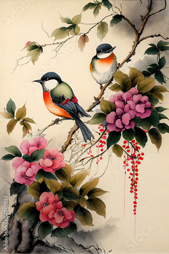 Traditional oriental bird painting, japanese and chinese style. Colorful bird on blooming tree branch.