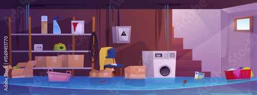 Flood basement room interior, storage home cellar with furniture, washing machine float in water vector illustration