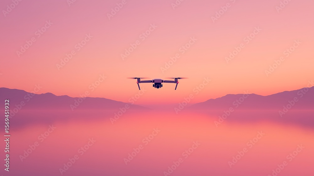 Fototapeta premium Drone Flying Over Pink Sunset Lake Landscape