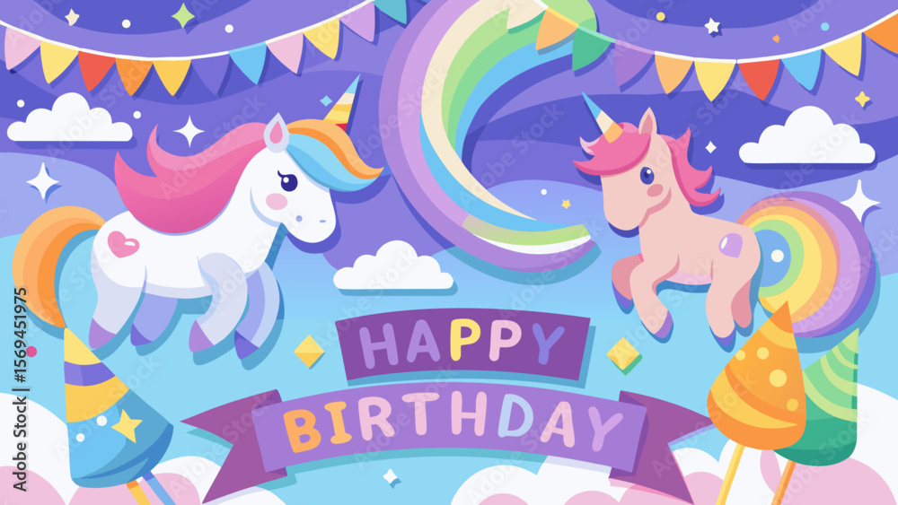 Naklejka premium Whimsical birthday celebration with two unicorns rainbow and festive decorations