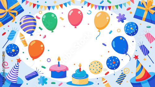 Festive birthday celebration with balloons gifts cakes and confetti background