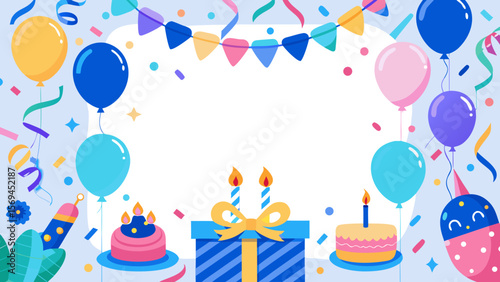 Festive birthday celebration with balloons cakes and gifts and confetti