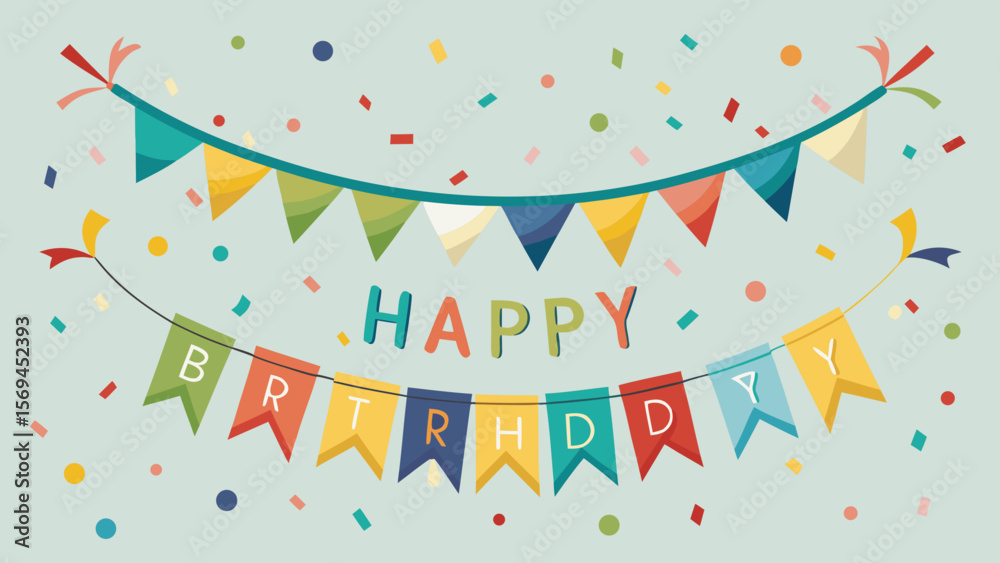Obraz premium Colorful happy birthday bunting flags and confetti celebration background