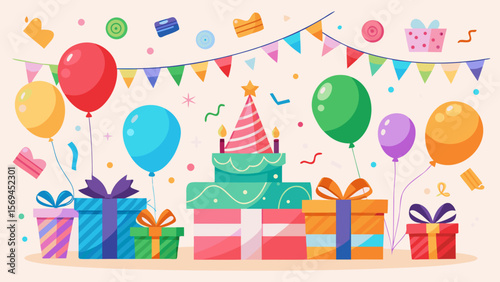 Festive birthday celebration with cake balloons gifts and party decorations