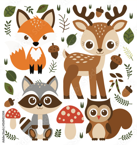Adorable woodland animals in a playful and whimsical illustrated vector design for children