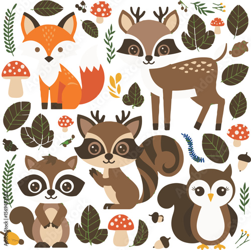 Adorable woodland animal set featuring fox deer raccoons owl leaves and mushrooms illustration