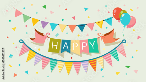 Festive happy birthday bunting flags balloons and confetti celebration