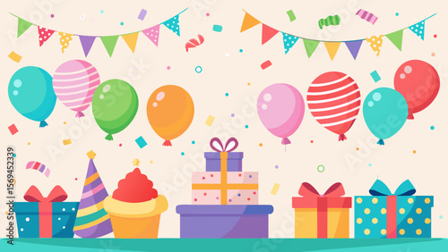 Colorful birthday celebration with balloons gifts cupcake and party hats