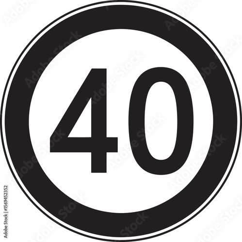 Black silhouette of a speed limit sign with the number 40 isolated on white background