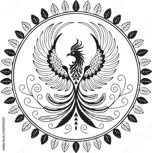 Artistic black and white phoenix illustration in a circular frame with leafy border