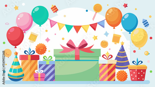 Festive birthday celebration with gifts balloons confetti and party decorations