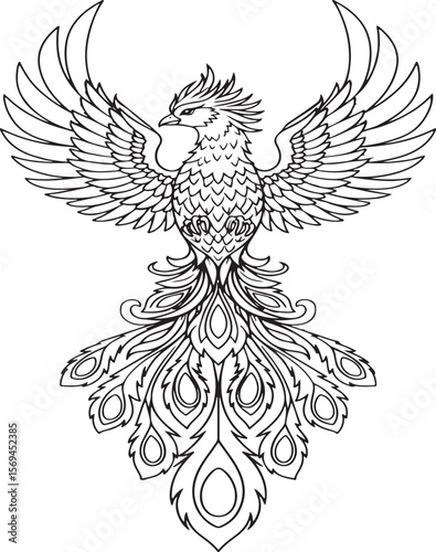 Black and white phoenix illustration depicting mythical bird with outspread wings and detailed feathers