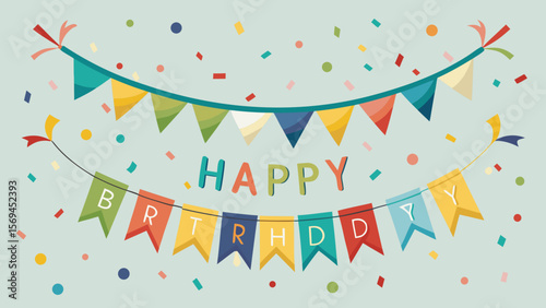 Colorful happy birthday bunting flags and confetti celebration background
