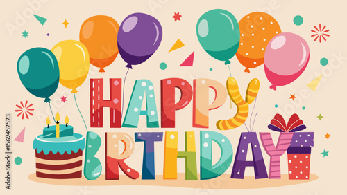 Colorful happy birthday celebration with balloons cake and gifts